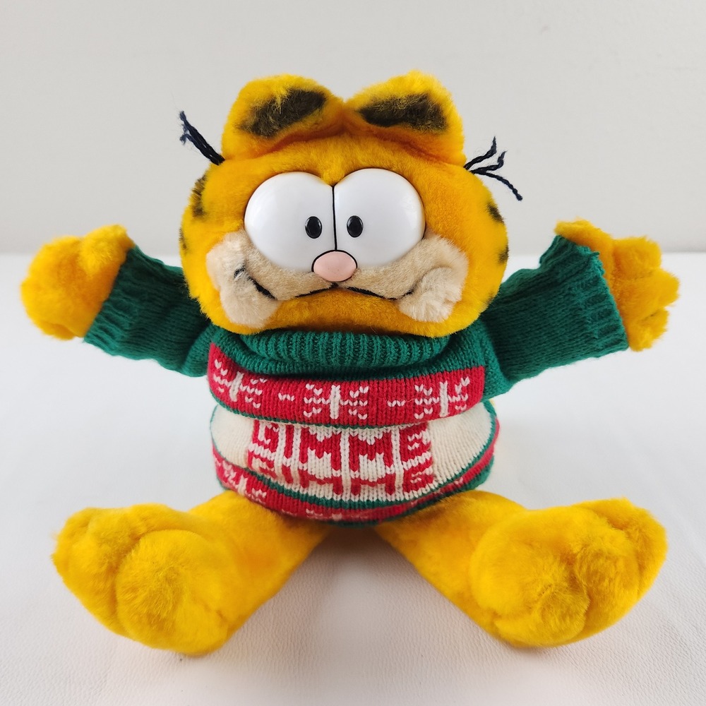 Vintage 1981 Dakin Garfield Plush Christmas Gimme Gimme Sweater Green Red